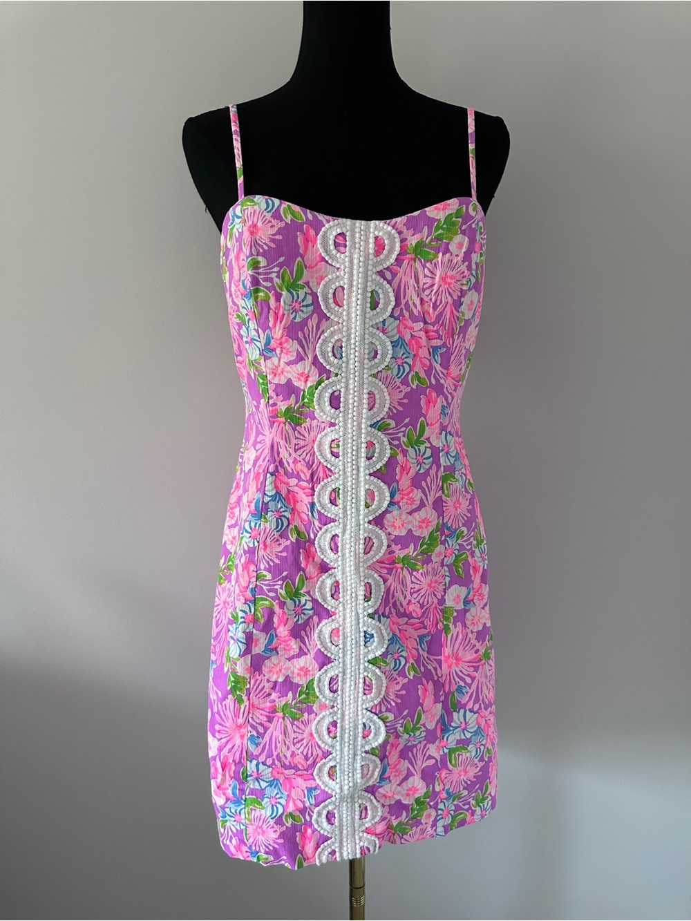Lilly Pulitzer Pink Floral Spaghetti-Strap Mini Dress with White Lace Trim
